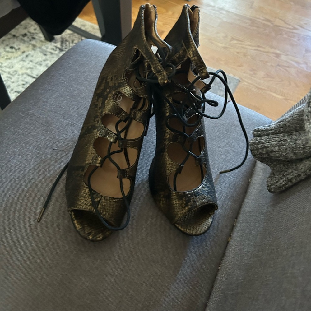 Arden B Black and Gold Lace-Up Heels